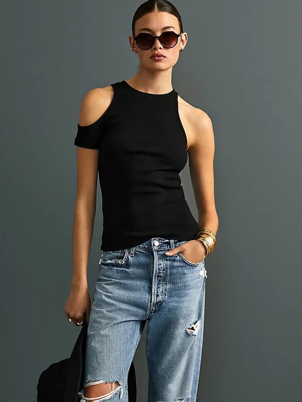 Agolde Val Asymmetric One Sleeve Tee Organic Cotton Black Sz XL Grunge Festival